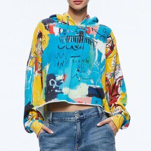 Alice + Olivia Basquiat Sunny Cropped Hoodie Sweatshirt Blue Yellow Graffiti L